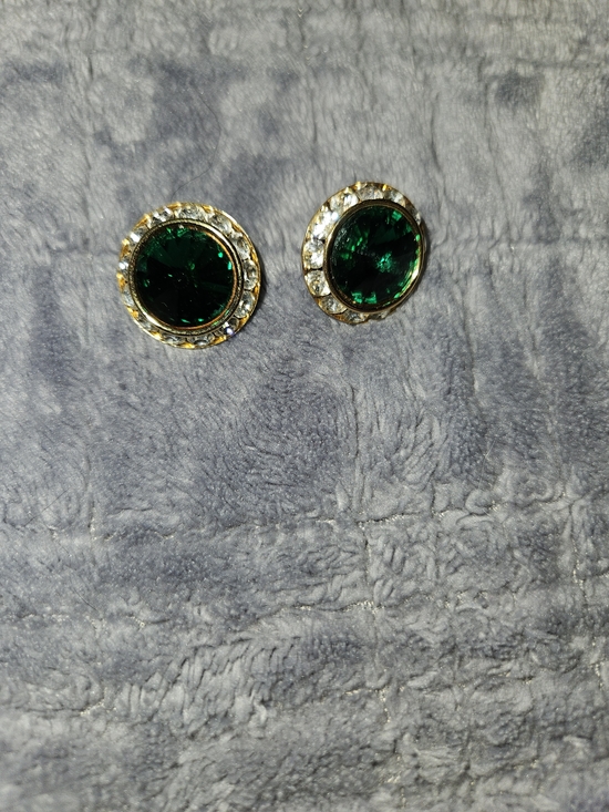 Source Unknown Jewelry - Emerald Green Crystal Round Button Earrings Gold Tone Halo Cocktail Costume Jew.